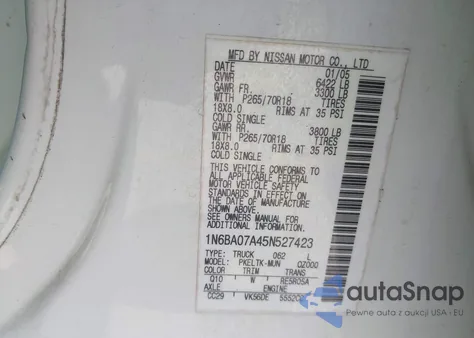 2005 Nissan Titan Se from USA, damaged, VIN 1N6BA07A45N527423